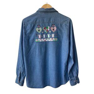 Harriton  Denim Embroidered Button Down Shirt Sz‎ M Seamstress Needle Thread Sew